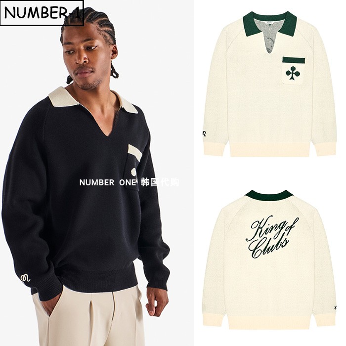 韩国代购malbon高尔夫球服25年男秋拼色外口袋翻领长袖套头衫上衣