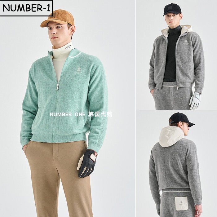 韩国代购高尔夫球服25年男冬可拆卸兜帽羊毛针织长袖防风拉链上衣