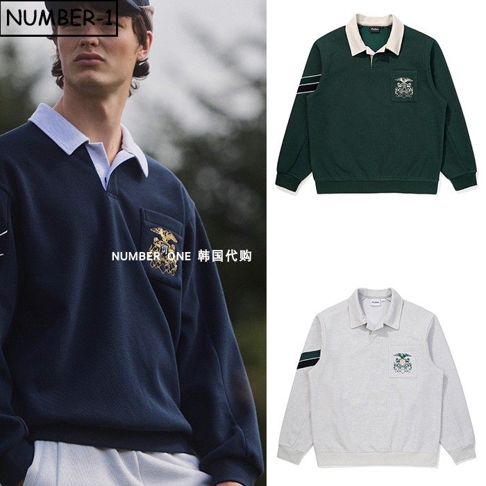 韩国代购malbon高尔夫球服25年男冬徽标口袋翻领拉绒长袖套头上衣