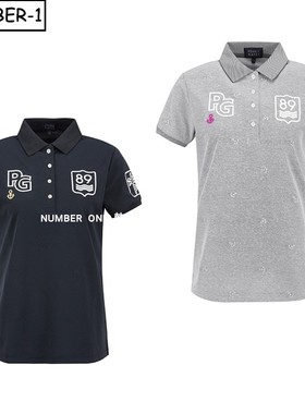 韩国代购pearly gates高尔夫球服25年女秋徽标半纽扣翻领短袖T恤