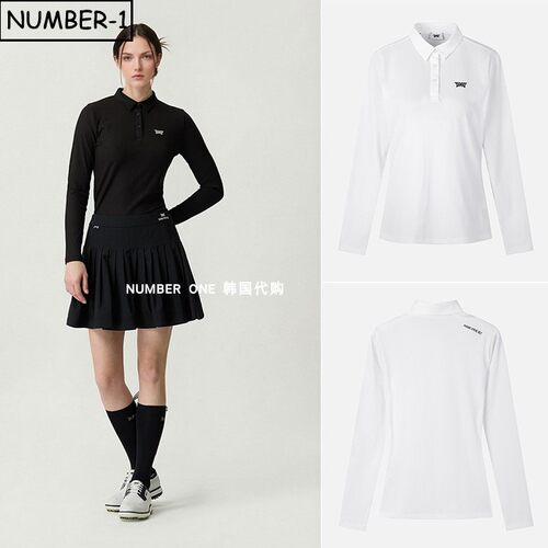 韩国代购pxg高尔夫球服26年女春纯色徽标符号半纽扣翻领长袖上衣