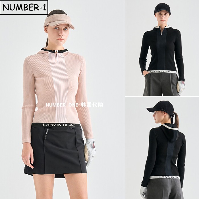 韩国代购高尔夫球服25年女冬季徽标提花羊毛连帽长袖针织上衣外套