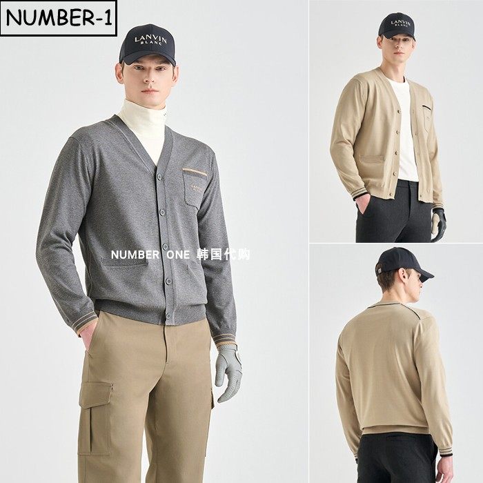 韩国代购高尔夫球服26年男春纯色徽标口袋全纽扣V领长袖针织开衫