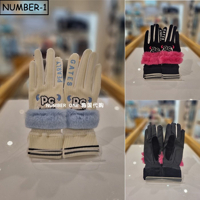 韩国代购pearly gates高尔夫手套25年女冬季徽标图案绒面双手手套