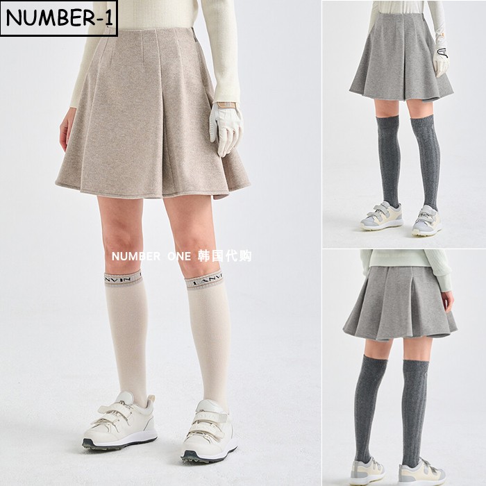 韩国代购高尔夫球服25年女冬纯色徽标拉链口袋褶皱喇叭半身裙短裙