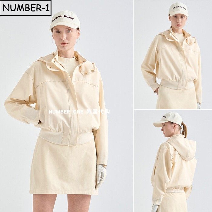 韩国代购高尔夫球服25年女秋纯色徽标口袋连帽长袖拉链夹克衫外套