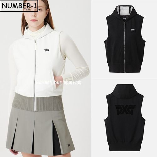 韩国代购pxg高尔夫球服25年女冬季纯色徽标口袋连帽无袖毛衣背心