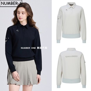 韩国代购 上衣 challenger高尔夫球服25年女秋冬徽标半纽扣翻领长袖