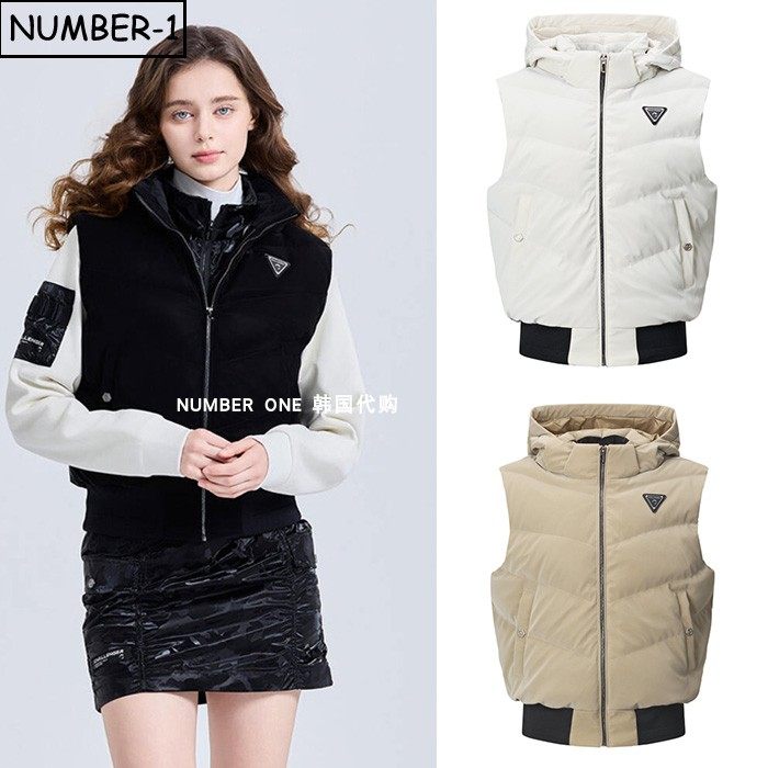 韩国代购challenger高尔夫球服25年女冬徽标口袋连帽无袖羽绒背心