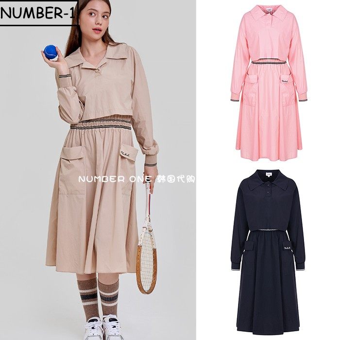 折扣款韩国代购plabel高尔夫球服女冬徽标口袋条纹拼色长袖连衣裙