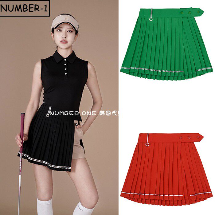 韩国代购CHUCUCHU高尔夫球服23年女夏纯色侧拉链百褶裙裹身裙短裤