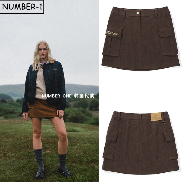 韩国代购malbon高尔夫球服25年女秋纯色徽标符号侧口袋灯芯绒短裙