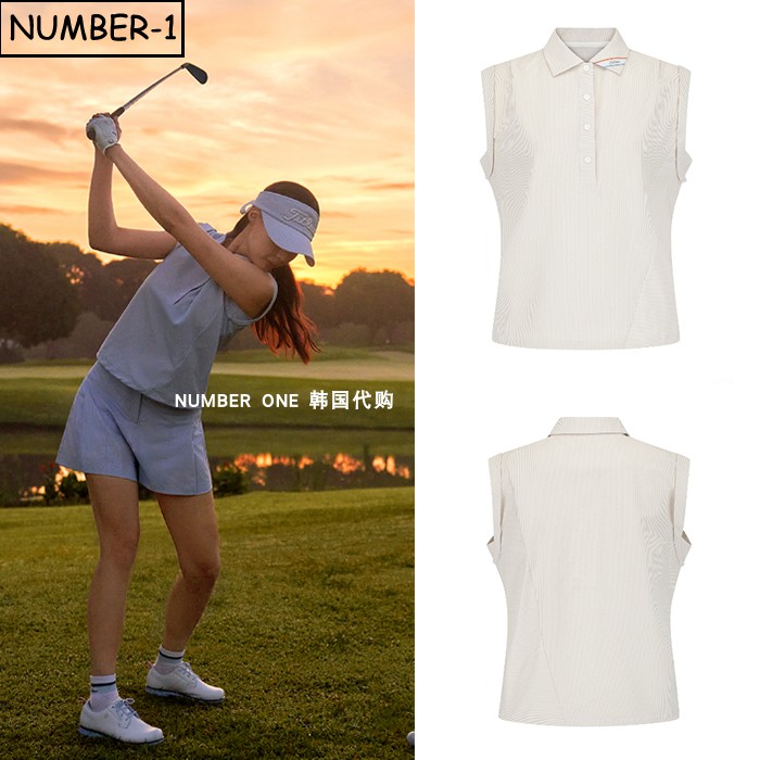 韩国代购titleist高尔夫球服26年女夏纯色徽标半纽扣翻领无袖上衣