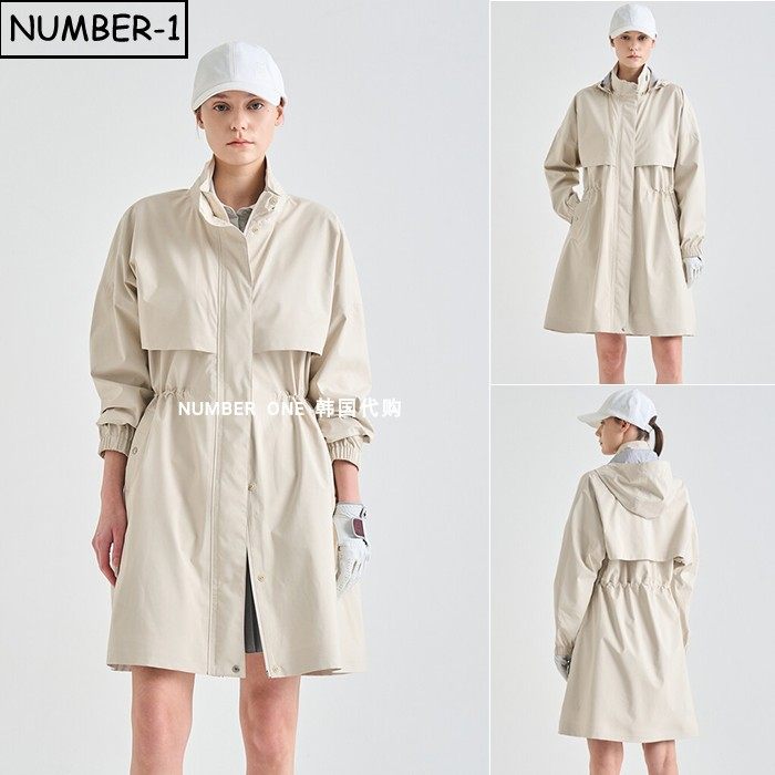 韩国代购高尔夫球服26年女春纯色徽标字样口袋可拆卸兜帽长袖雨衣
