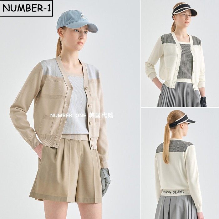 韩国代购高尔夫球服26年女春拼色徽标口袋全纽扣V领长袖针织开衫