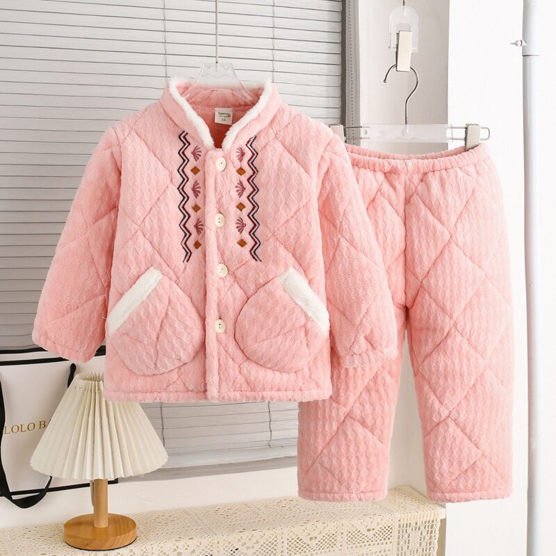 牛奶绒男女童法兰绒冬装睡衣 中大童加厚三层夹棉保暖家居服套装