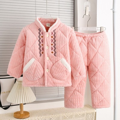 牛奶绒男女童法兰绒冬装睡衣 中大童加厚三层夹棉保暖家居服套装
