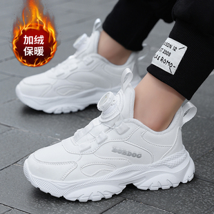 巴布豆男童二棉鞋子2025秋冬季女孩小白鞋加绒保暖白色儿童运动鞋
