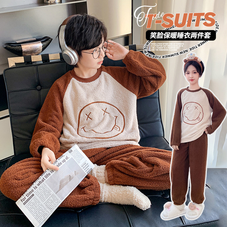 儿童装男童睡衣冬季家居服加绒大童男孩加厚秋冬款珊瑚绒法兰绒潮
