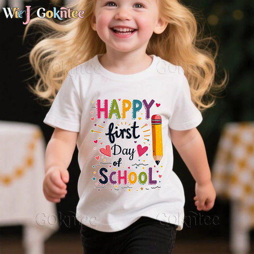 跨境欧美男女童短袖Happy First Day of School彩色字母铅笔爱心
