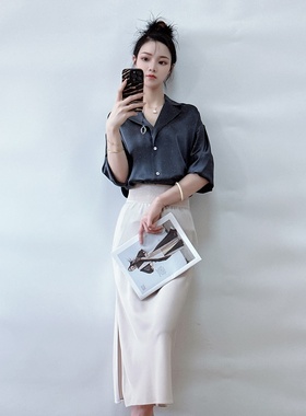 绍兴美代 Vince 御姐范深灰色西装领系带宽松真丝长袖衬衫 现XS~M