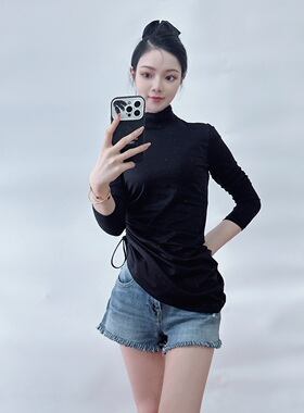 绍兴美代 Theory 黑色立领长袖侧抽皱系带T恤 L1024501 现P-M