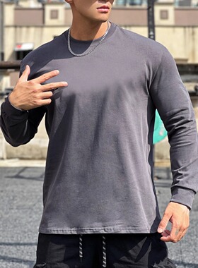 秋季男士健身运动纯棉吸汗透气光板打底休闲修身显大长袖T恤