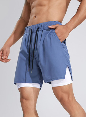 夏季男士健身跑步运动训练双层内衬弹力透气速干骑行纯色五分短裤