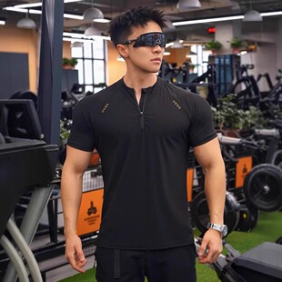 T恤 显大短袖 夏季 健身运动撸铁训练弹力透气速干冰丝半拉链修身