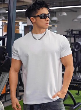 夏季男健身运动空气棉显肌肉小袖口弹力透气吸汗小领口短袖T恤