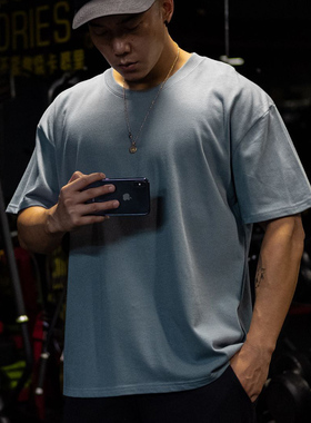 夏季男士半袖健身运动宽松大码五分中袖休闲纯色棉质透气短袖T恤