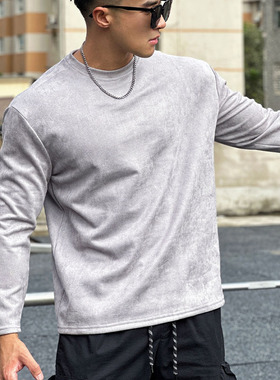 秋冬肌肉男士健身运动训练麂皮绒速干宽松显大纯色打底长袖T恤