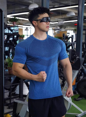 夏季男士健身运动撸铁训练弹力透气速干修身显大拉架印花短袖T恤