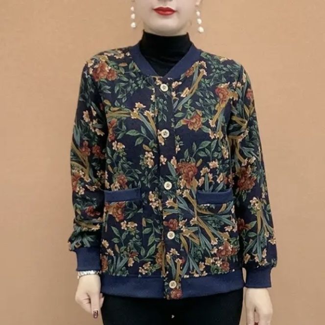 中老年新款开衫妈妈外套加绒宽松保暖棒球服时尚洋气百搭碎花上衣