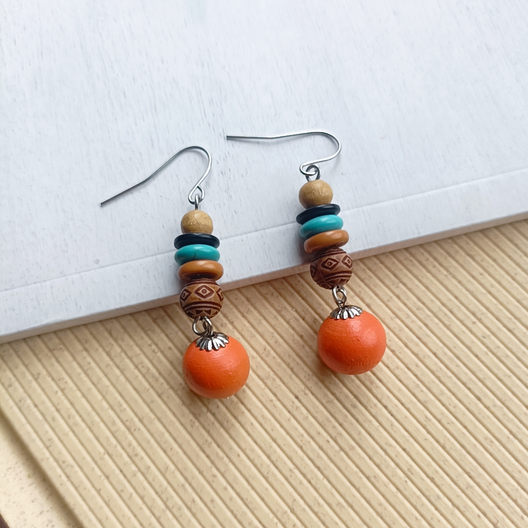 木质民族风耳环925纯银古典旗袍新中式柿子红耳饰汉服古风耳饰