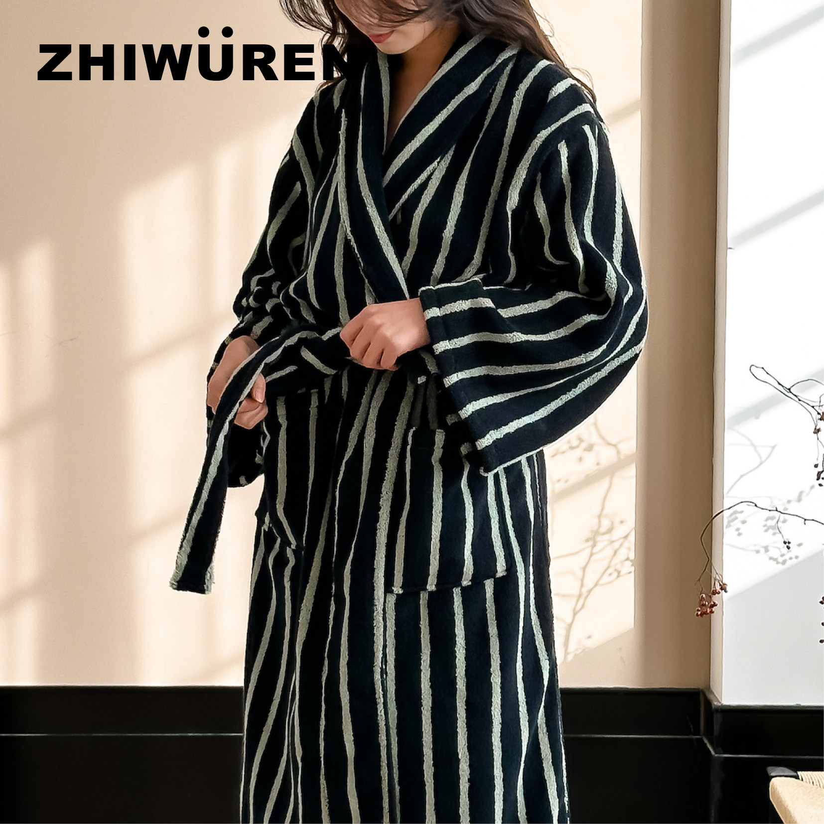 直物人条纹浴袍家居服全棉柔软吸水毛巾料中长款情侣北欧风