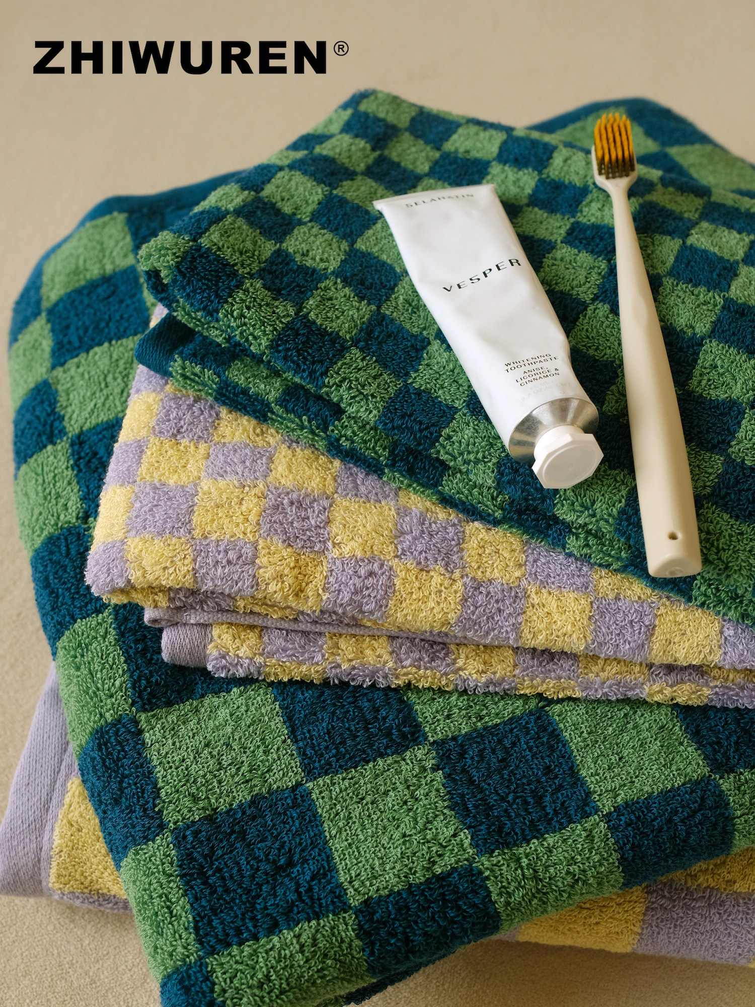 直物人工作室全棉面巾浴巾色织棋盘格柔软吸水毛巾32支双股不掉毛