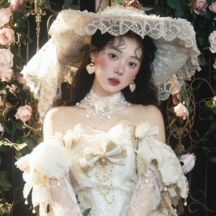 白色小眾禮帽洛麗塔新娘婚禮頭紗影樓樣片拍攝復古造型旅拍道具