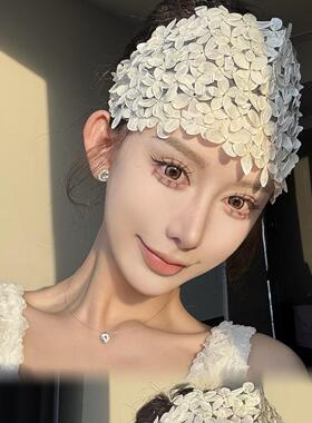 法式复古手工白色花瓣半花环额饰发箍发带新娘婚纱礼服跟妆头饰品
