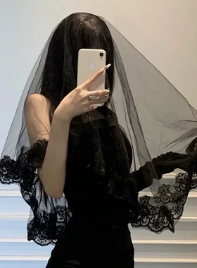 黑色蕾丝头纱万圣节cos哥特圣母玛利亚鬼新娘网纱发饰红色披肩