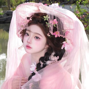 汉服斗笠面纱走秀流苏串珠帽子古风粉色遮阳防晒花间令同款帷帽女