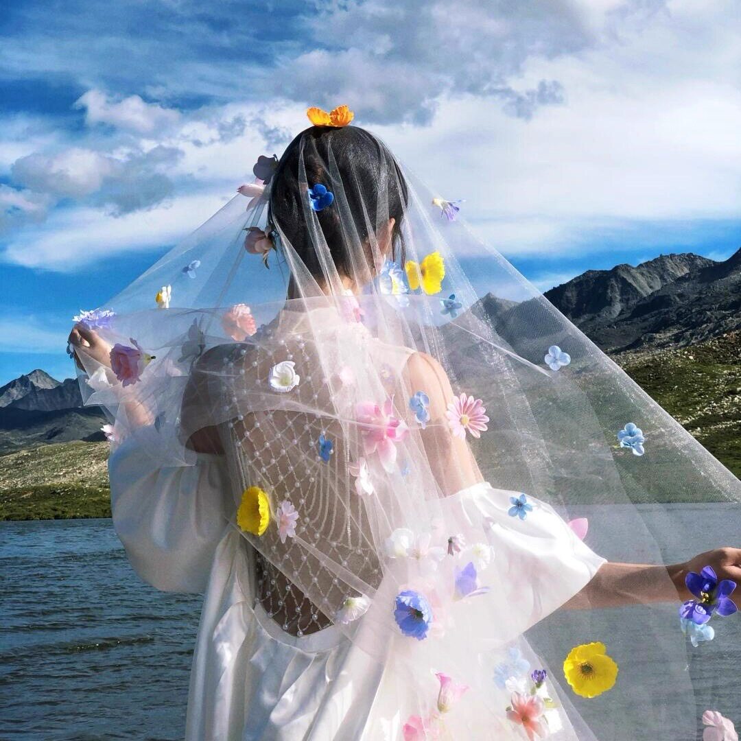 唯美花朵头纱法式领证头饰新娘结婚头纱lolita公主生日拍照道具