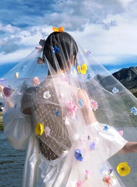 唯美花朵头纱法式领证头饰新娘结婚头纱lolita公主生日拍照道具