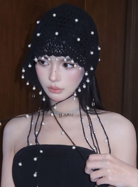 民族风流苏黑色帽子镂空珍珠吊坠手工包头帽女夏季薄款编织套头帽