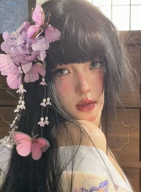 新款新中式紫色铃兰花蝴蝶发夹女侧边夹拍照夸张配饰古风汉服头饰
