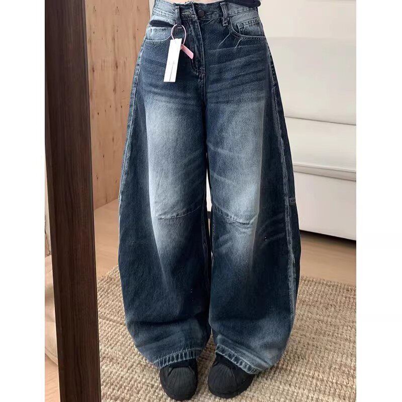 复古窄版直筒牛仔裤女2026新款春秋梨型身材高腰显瘦宽松阔腿裤子