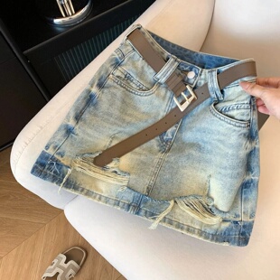 蓝色高腰做旧水洗破洞复古a字牛仔短裙女夏季显瘦设计感半身裙子