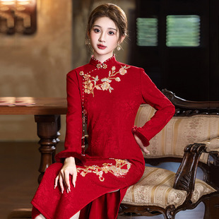 红色加绒加厚冬装旗袍女感新中式敬酒服新娘订婚结婚宴会礼服