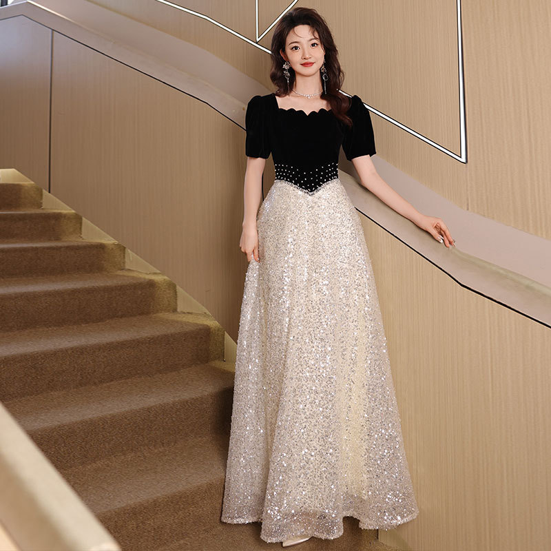 黑色晚礼服2025新款轻奢小众法式成人礼学生艺考礼服主持人连衣裙