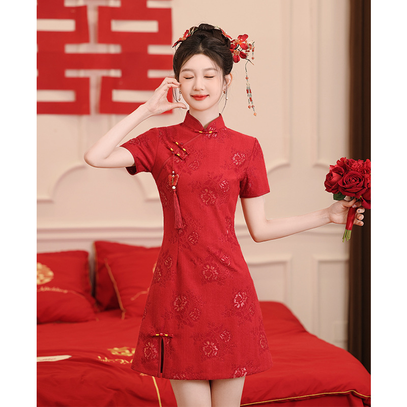 新中式旗袍年轻款敬酒服订婚红色礼服夏季改良版小个子送高考
